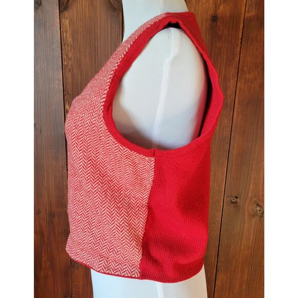 Vintage Talbots Women L Merino Wool Vest Red Cream Chevron 90s Button Front - Picture 7 of 9